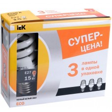 Лампа люминисцентная КЭЛP-FS Е27 15Вт 2700К ПРОМОПАК 3 шт ECOLIGHT спираль IEK